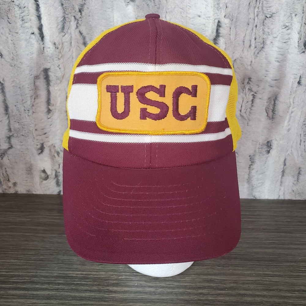Vintage 1980s USC Trojans Trucker Hat Mesh‎ Snap Back Size Lg Embroidered Patch